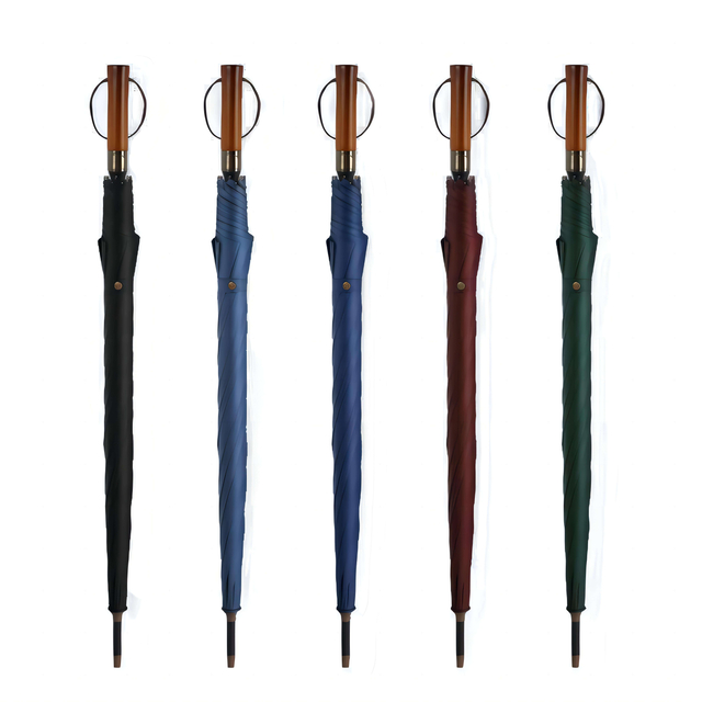 Parapluie de golf moderne en caoutchouc noir avec fonction pliable en polyester pongé et manche droit en bois personnalisable avec logo